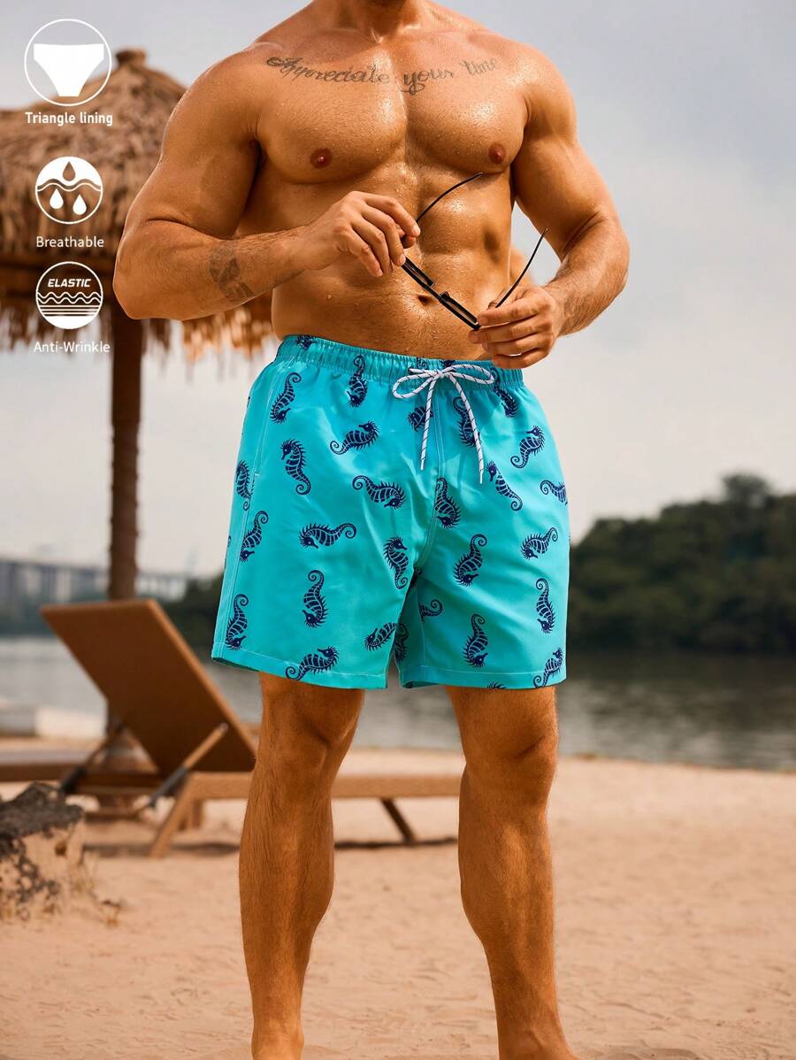 Manfinity VDAYZ Shorts casuales de playa para hombres con cintura con cordón y estampado de caballitos de mar todo sobre