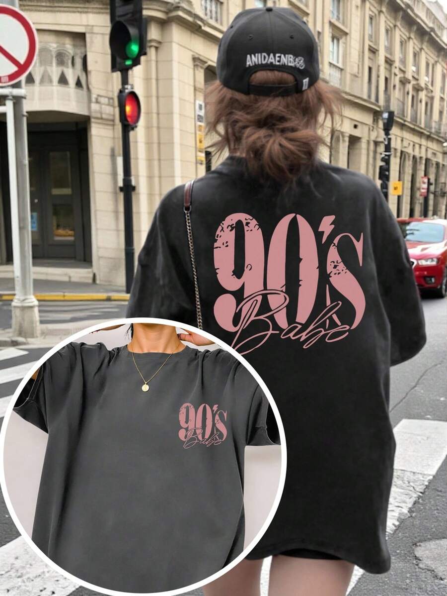 INAWLY 90'S Pink Ripped Digital Print Women's Casual Gray T-Shirt