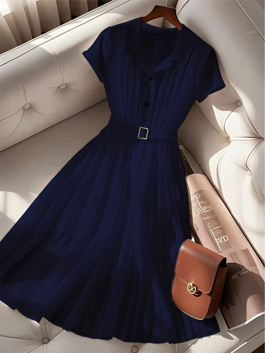 SHEIN Clasi Vestido de verano con cuello de polo plisado de gasa de estilo francés moderno y elegante de manga corta