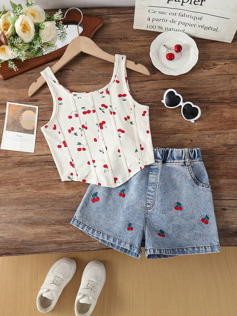 2pcs Teen Girl& Teen Girl Cherry Print Denim Shorts + Vest Tops Suits, Cute Vacation Set