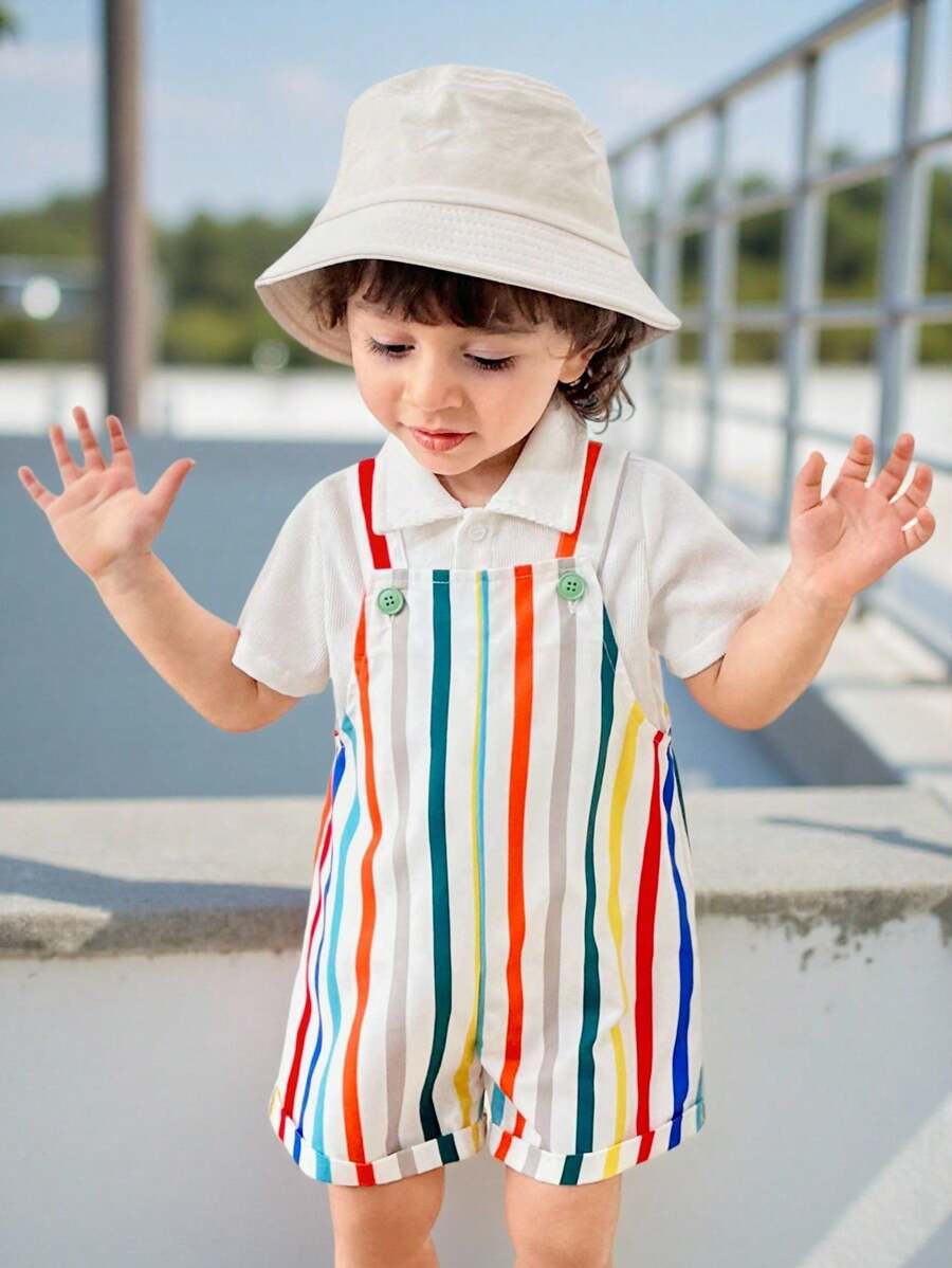 Baby Boy Casual Sports Cute Funny Colorful Romper With Suspender Shorts, Suitable For Spring & Summer, Wear At Home Or Go Out