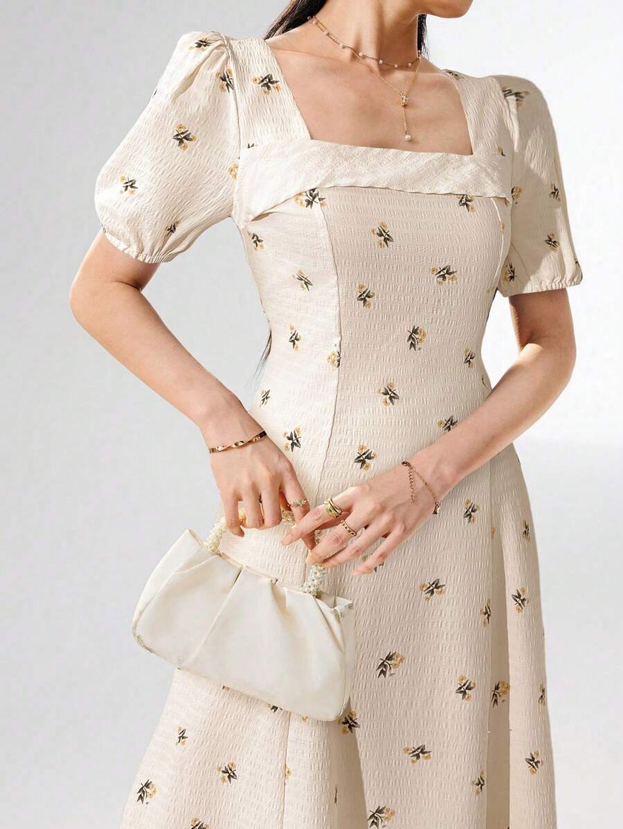 Heiryn Women Ditsy Floral Square Neck Puff Sleeve Dress, Elegant