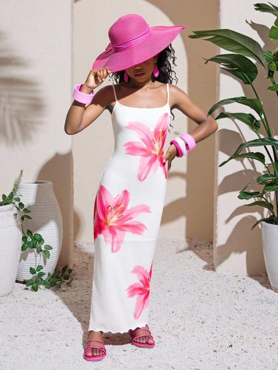 SHEIN Robe Mini Moulante à Imprimé Floral Confortable et Décontractée pour Jeune Fille, Style Minimaliste