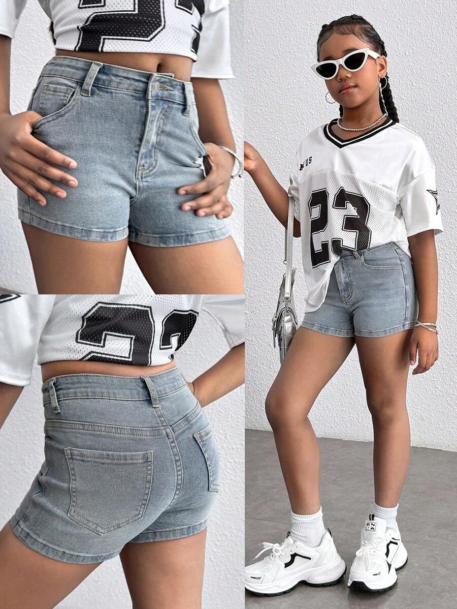 Shorts di jeans di da ragazza, stile boho vintage lavato, in denim azzurro chiaro ad alta elasticità, adatto per abbigliamento da ragazza, costumi e abiti di uso quotidiano primavera estate, outfit casual e da vacanza per ragazze