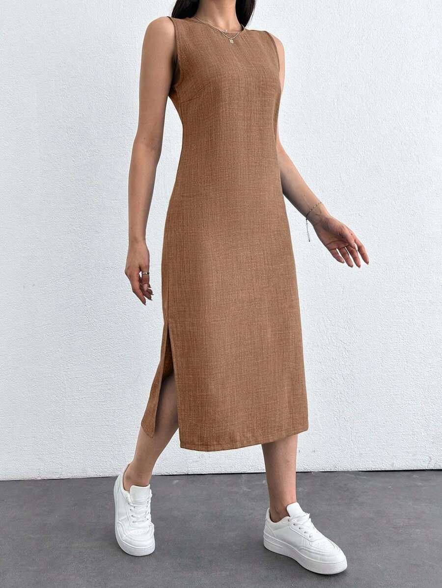 Vestido midi de verano de unicolor informal sin mangas con abertura lateral