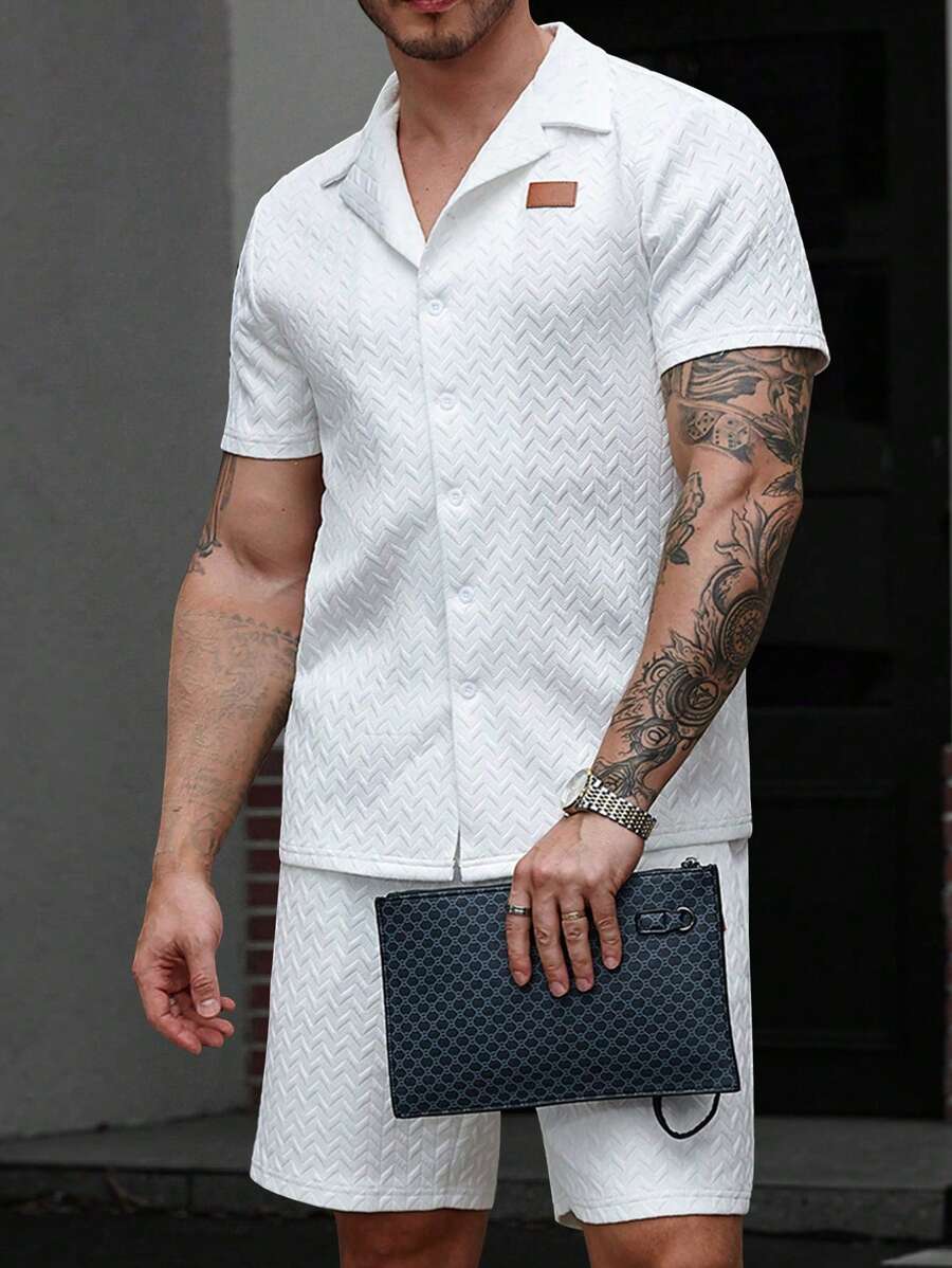 Manfinity CasualCool Men's High-End Knitted Diamond-Shaped Jacquard Solid Color Short-Sleeved Button Shirt Set,Men's Summer Grainy Lapel Neck Short Sleeve Shirt & Shorts Casual Set,Versatile Items For Daily Commuting, Travel, Vacation And Outings,Husband And Boyfriend Gifts For Friends,Casual And Simple Style, Urban Mature Style, British Gentleman Style,Mens 2 Piece Outfits,Men 2 Piece Set,Men Summer Outfits