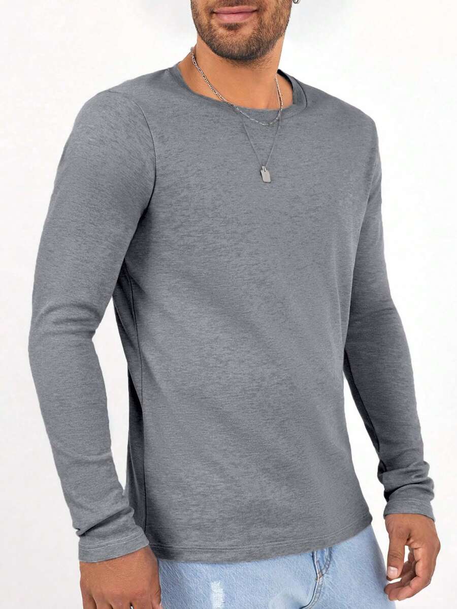 RueChic Camiseta básica de cuello redondo de unicolor de manga larga para hombre