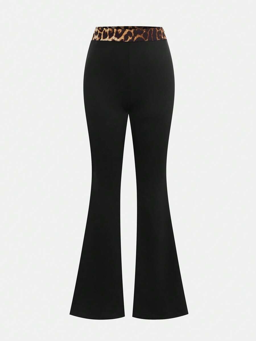 SHEIN Girlism Pantaloni a zampa di ragazza adolescente a vita bassa, in stile casual da strada, con stampa nera solida, con inserti in stampa leopardata, adatti per l'estate, moda da strada, sport, ritorno a scuola, abiti casual