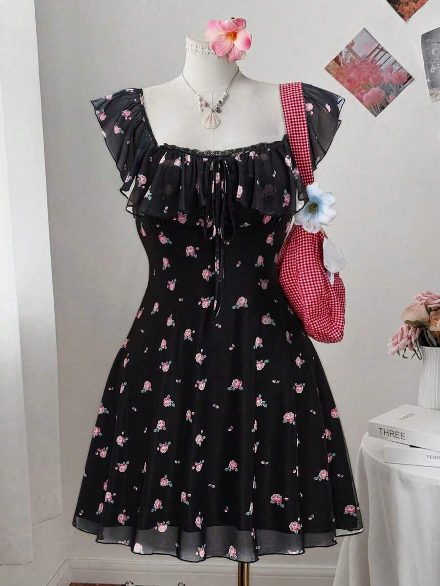 Sweetra Vestido casual de verano de línea A con cuello cuadrado fruncido y costura para mujer de talla grande