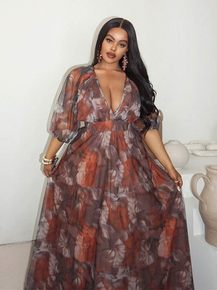 Maweii Summer Plus Size Elegant Fitted Mesh Printed Dress