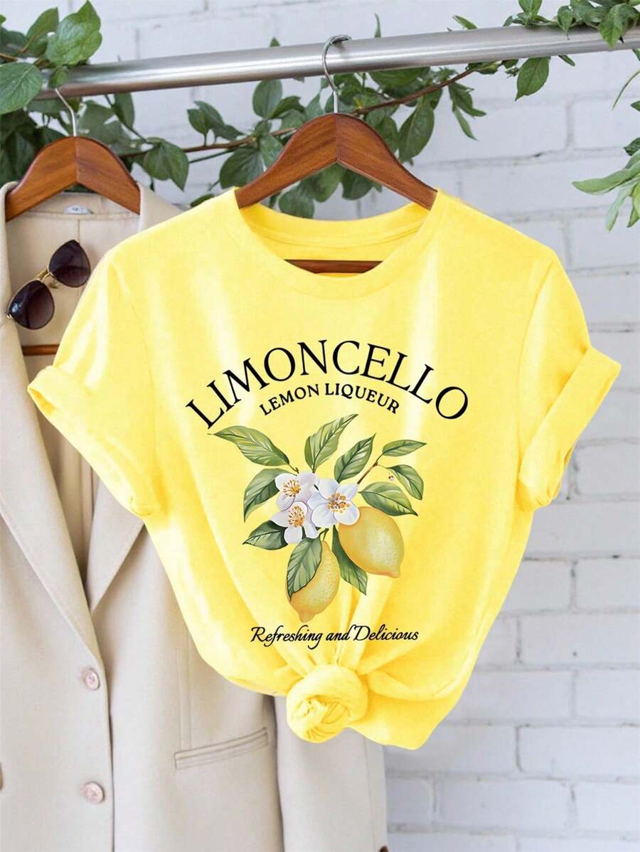 Breezaya Plus Size Lemon & Letter Print Short Sleeve Crew Neck T-Shirt - Soft, Breathable, Micro Elasticity, Casual Top For Summer & Spring - Plus Size Women Regular Fit Clothing Graphic Tees Women Tops