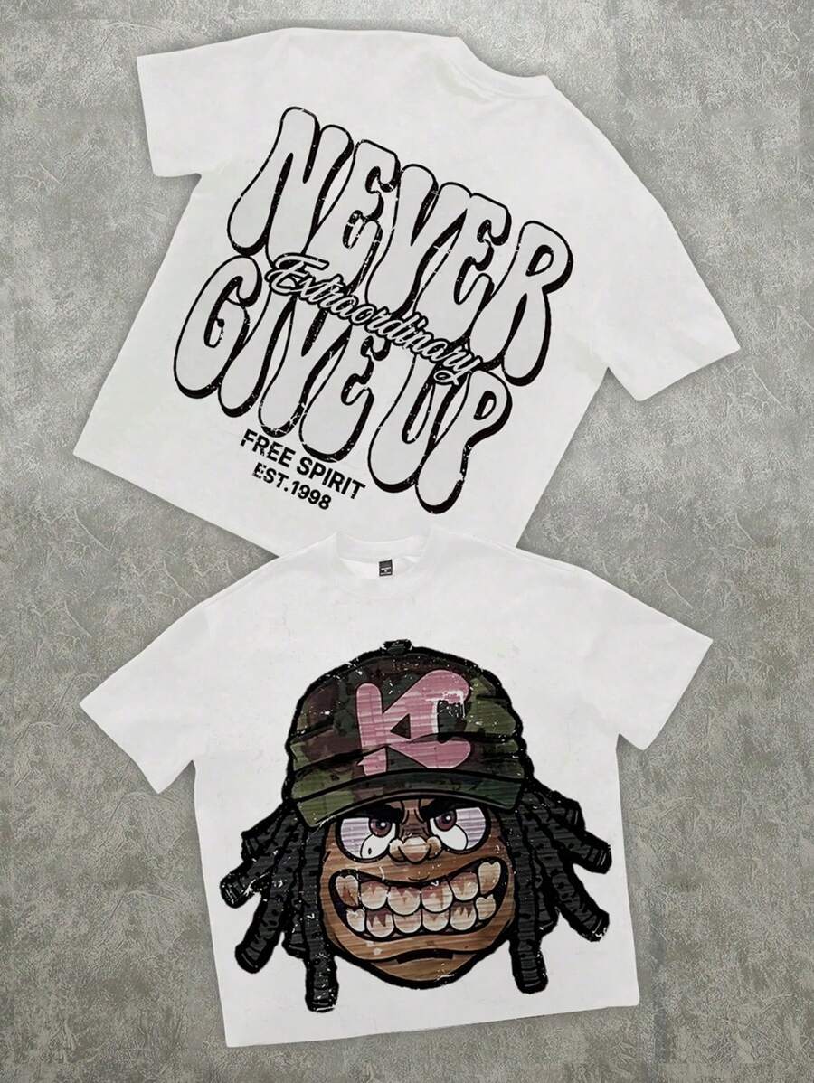 Manfinity ZONE917 Oversized Funny & Peculiar Portrait Print Loose Fit Crew Neck T-Shirt