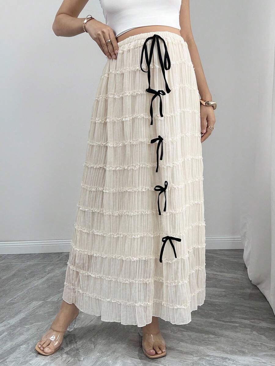Franclia Elegant Contrast Bow Lace Trim Skirt