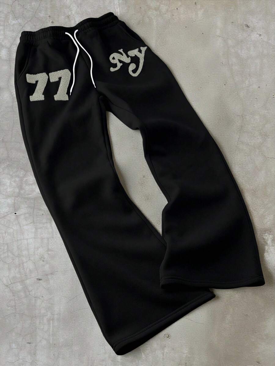 Manfinity ZONE917 Pantalones de chándal sueltos con estampado de letras, cintura con cordón y bolsillos para hombres de talla grande