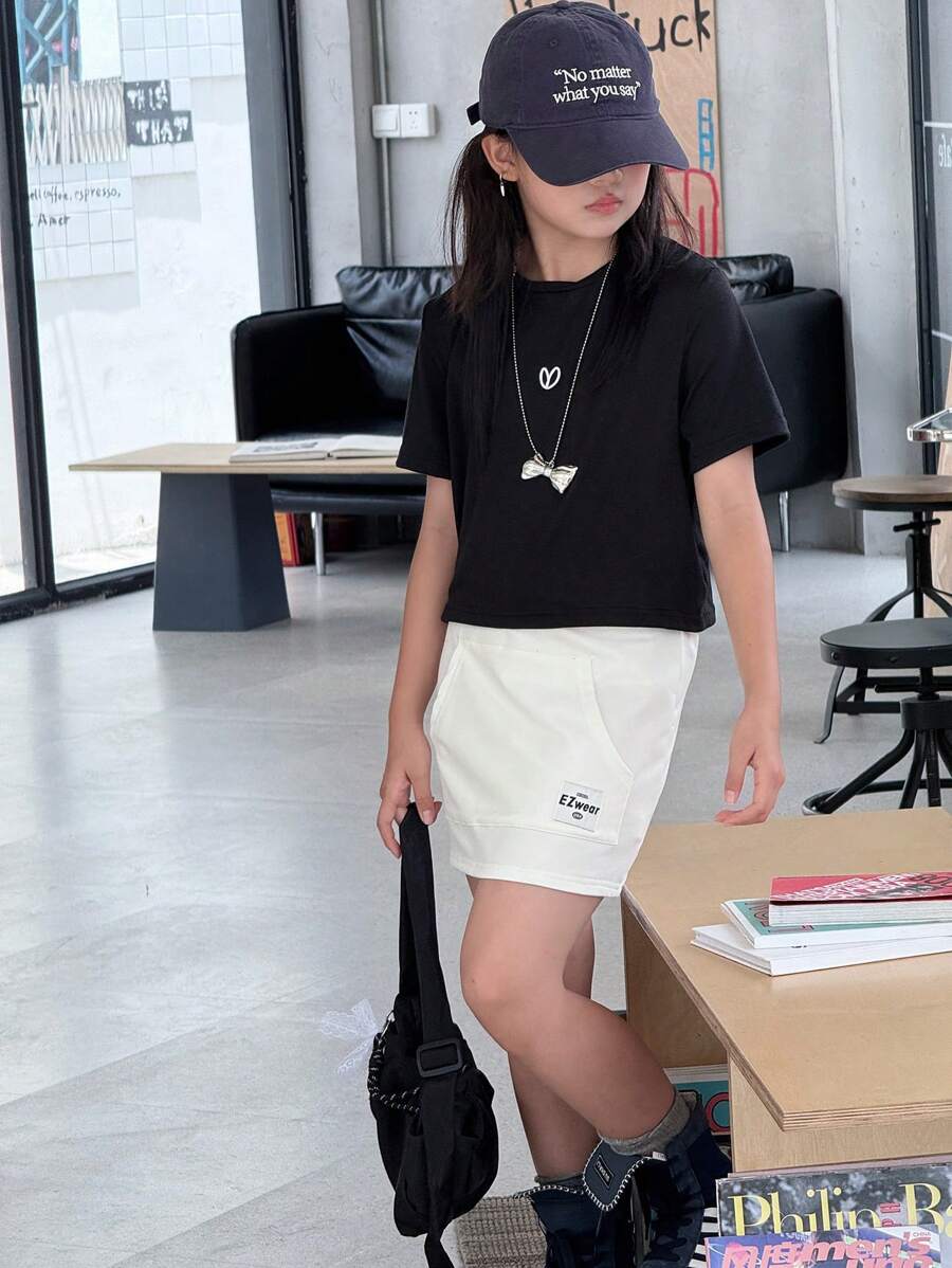 Genkimix Kids 2pcs/Set Tween Girls Summer Short Sleeve Heart Print T-Shirt + Printed Pocket Skirt Set