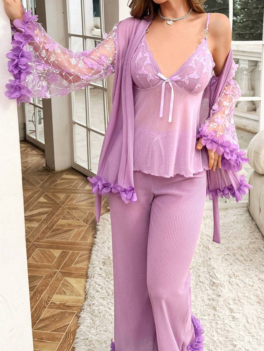 SHEIN 3pcs Women's Sleepwear Set: Embroidered Floral Mesh Splice Camisole Pants And Long Robe