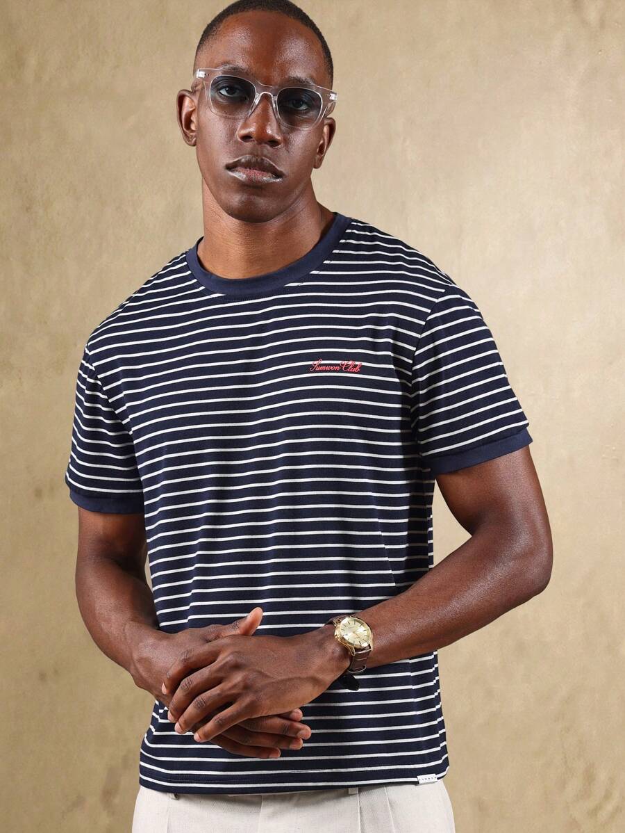 SUMWON Camiseta Vintage de Rayas con Cuello y Puños Contrastantes, Casual de Verano y Primavera, Esencial de Algodón, Top Retro de Club y Streetwear Básico