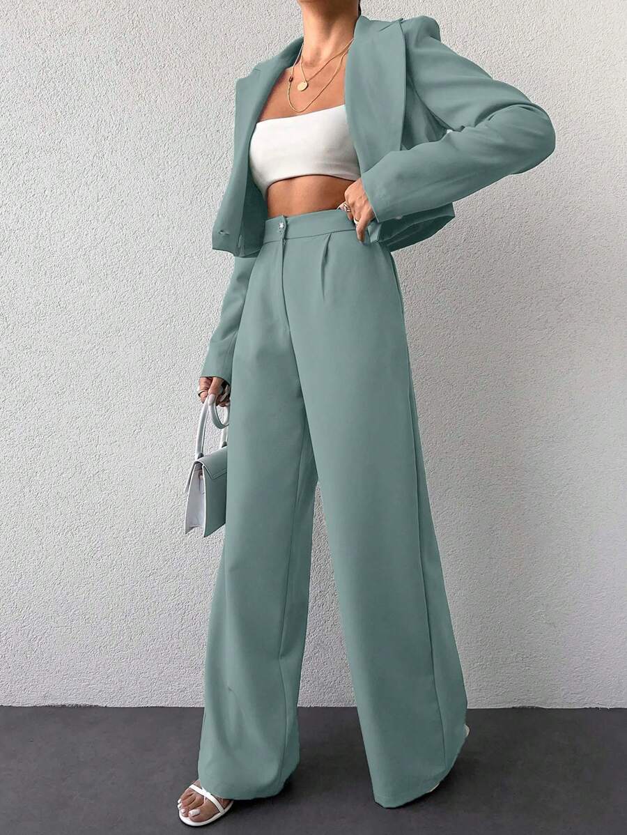 SHEIN Conjunto de chaqueta corta y pantalón de largo completo de unicolor para mujer