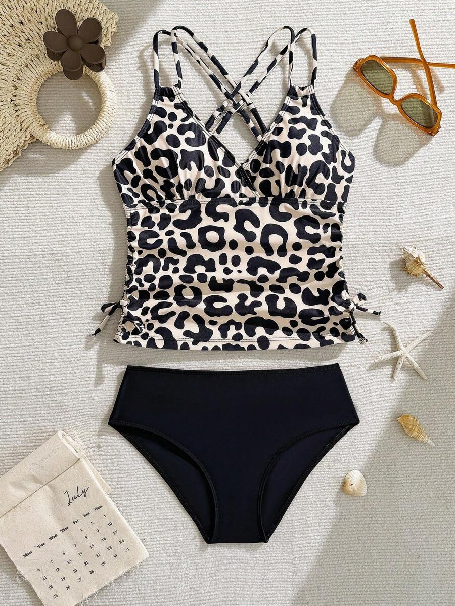 2pc Girls Neon Leopard Print Bikini Set, Adjustable Spaghetti Strap Crop Top & Pleated High-Waist Bottoms, Perfect For Swimming, Vacation, Outdoor Activities In Summer
