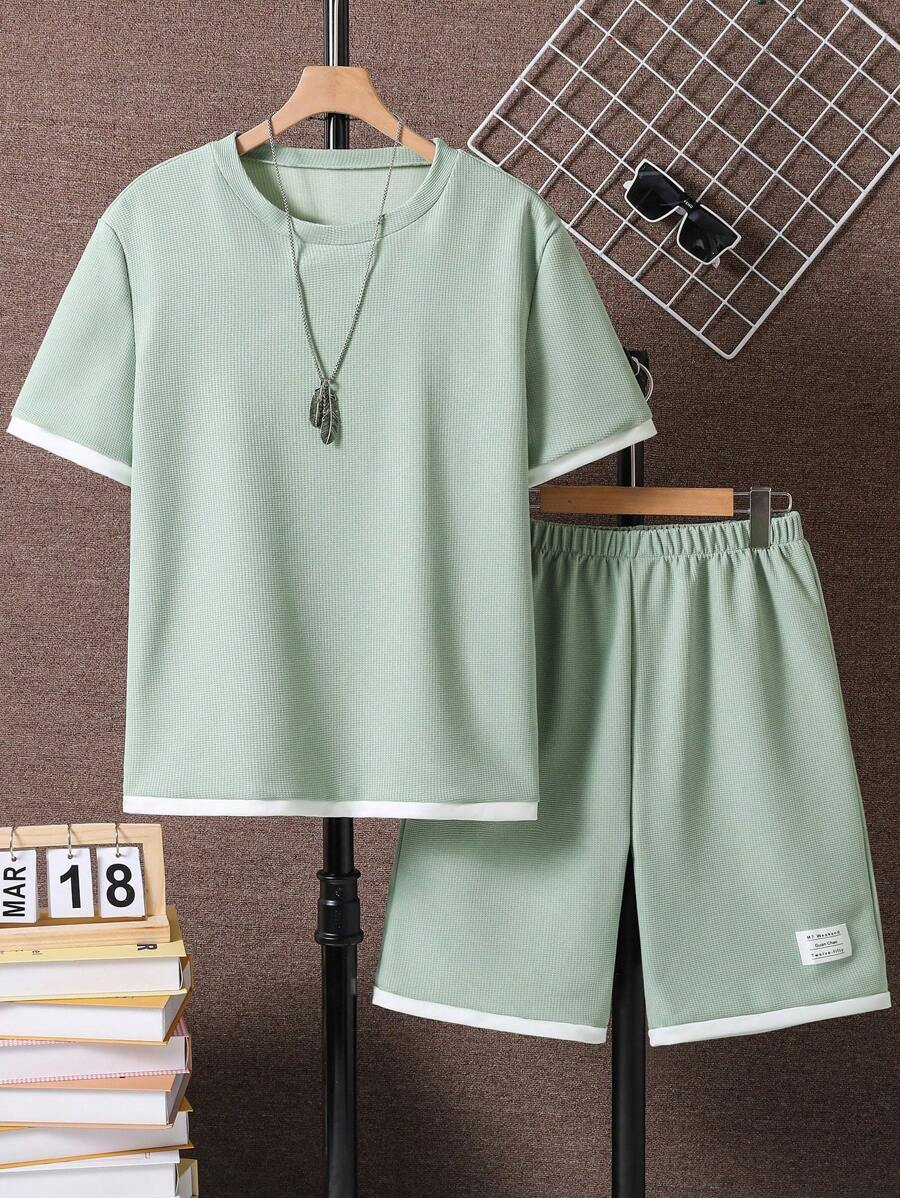 2pcs/Set Teen Boys Casual Loose Crew Neck Short Sleeve T-Shirt And Shorts Outfit