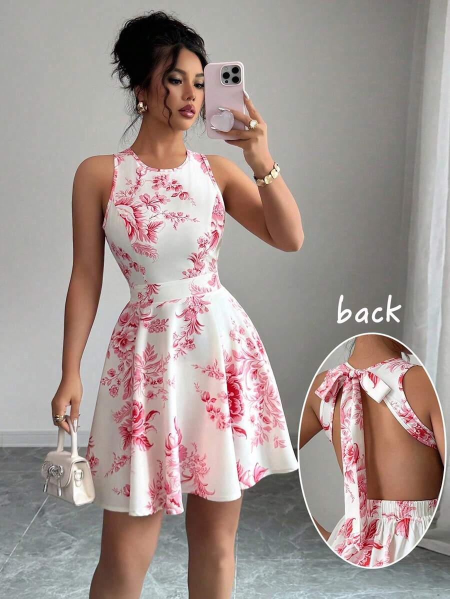 Elenzga Round Neck Random Floral Print Waist Slimming Spring/Summer Resort Sexy Backless Hollow-Out A-Line Floral Ruffle Hem Vintage Luxurious Mini Sleeveless Dress