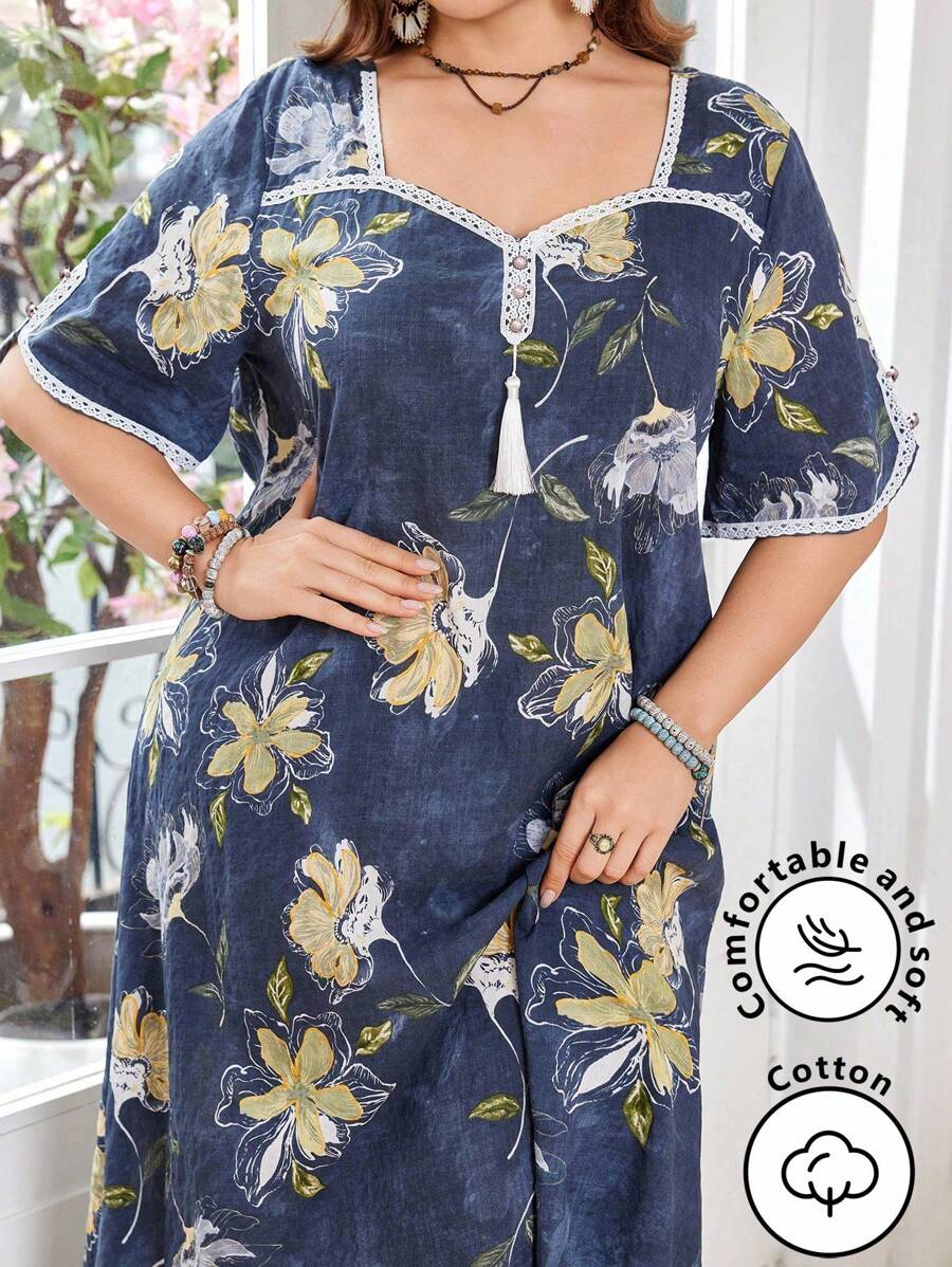 Lacomfia Vestido holgado de estilo árabe de media manga con escote de corazón y estampado floral para mujer de talla grande