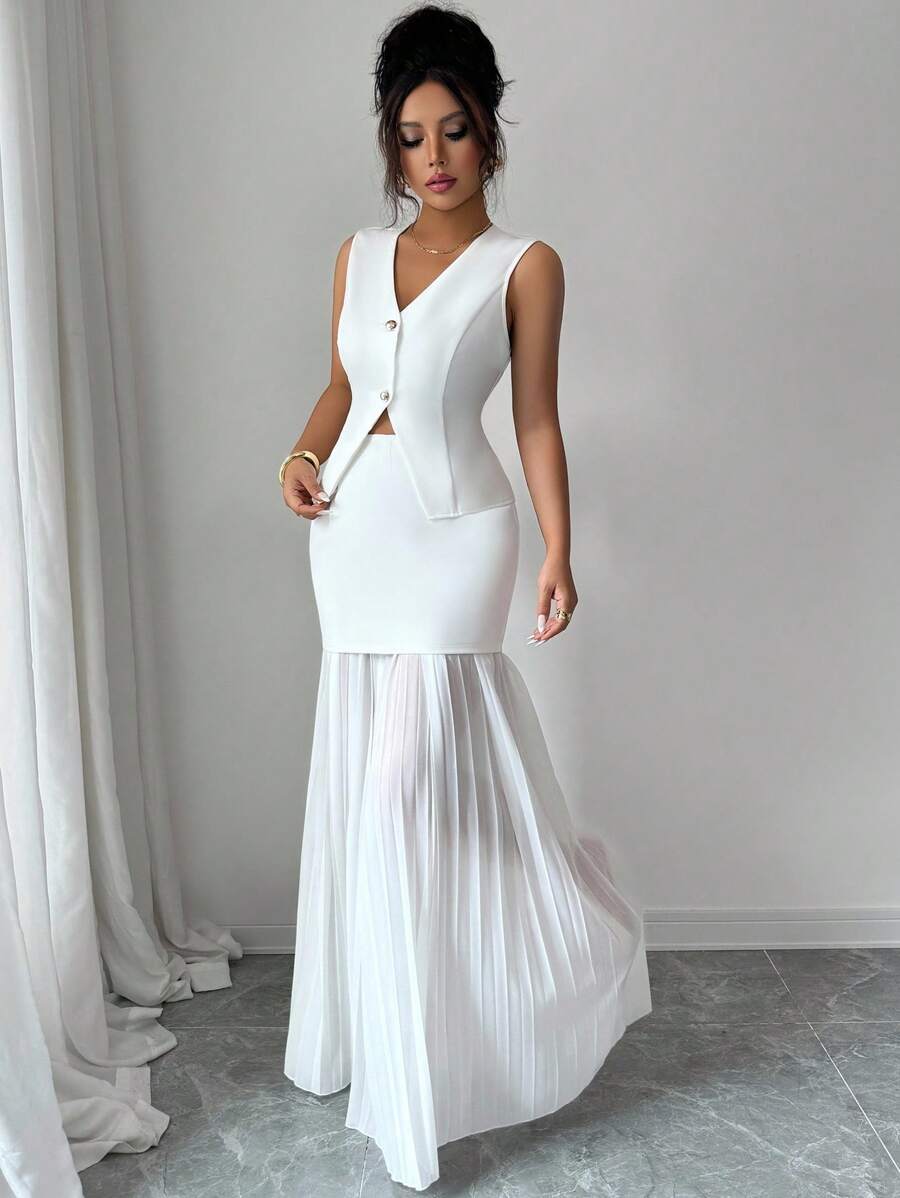 Elenzga Women's Elegant & Stylish Commute Casual Comfortable Vintage Minimalist Sleeveless V-Neck Cinched Waist Top With Peplum Netted Hem Skirt Two-Piece Suit