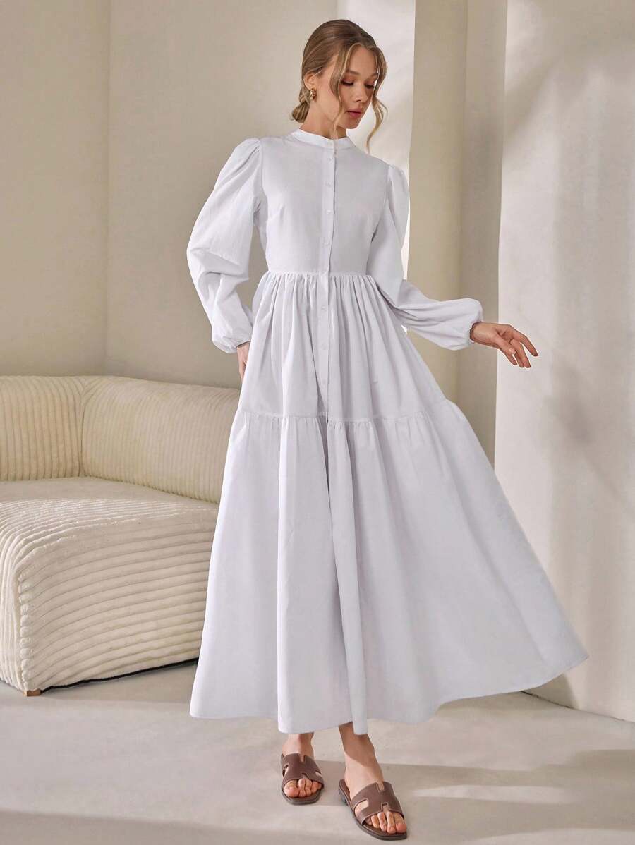 CLARA VERO Vestido largo de mujer de color liso, de primavera-verano, para salir, con camisa de botones y falda abullonada de manga larga y cuello alto con volumen