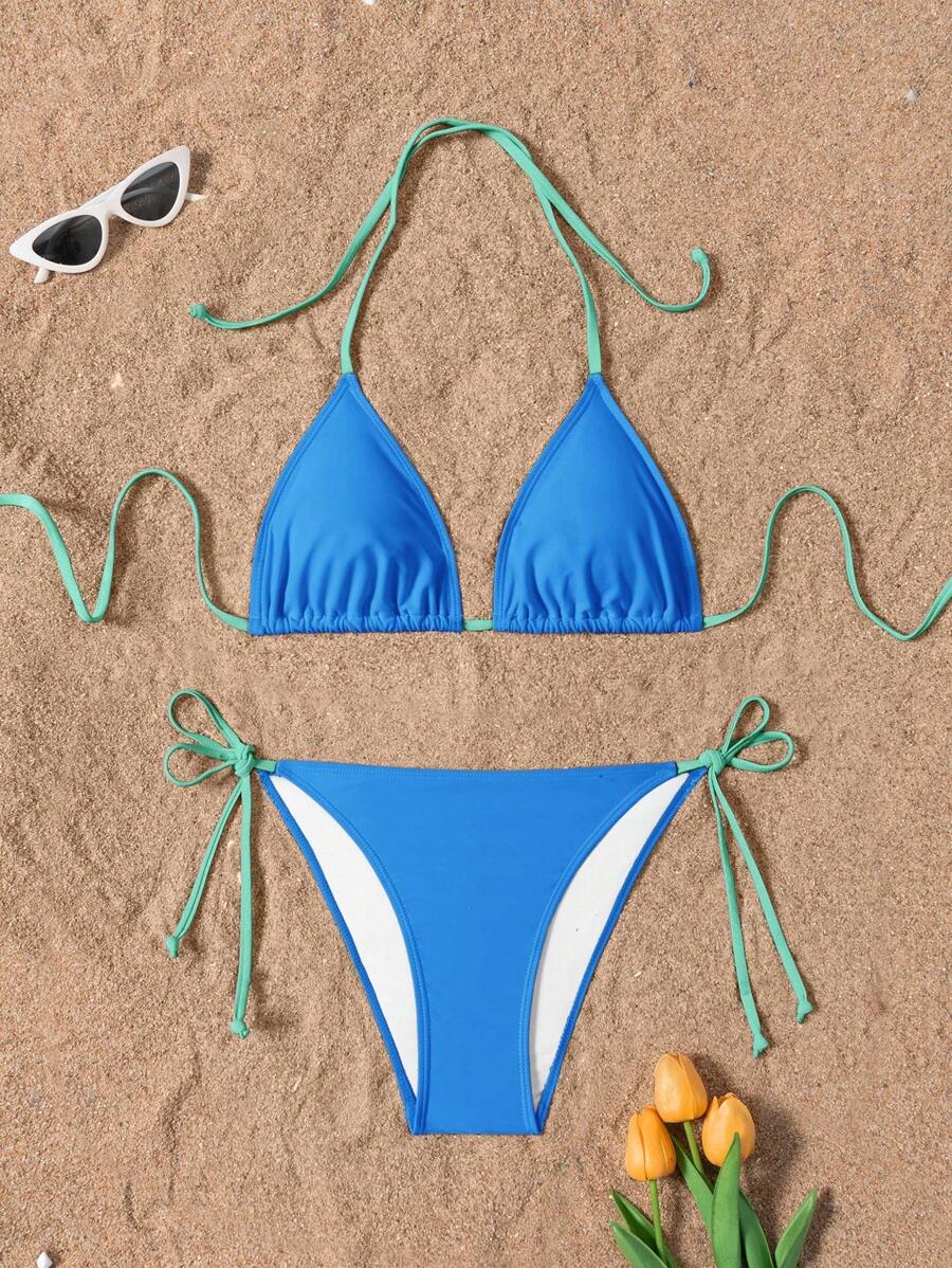 Swim Basics Conjunto de bikini playero de verano para mujer con corte halter y nudo, en estilo colorblock y sexy