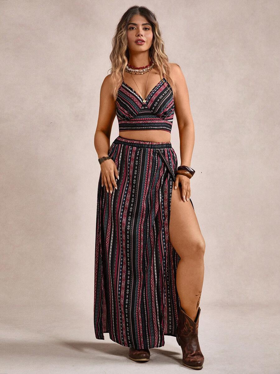 Freevana Plus Size Vacation Camisole & Elastic Waist High Slit Skirt 2pcs Set,Holiday Outfits Boho