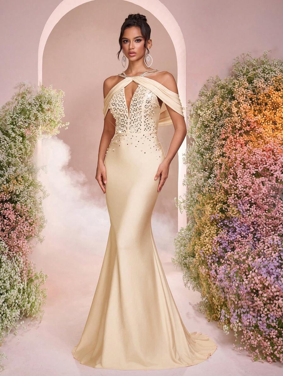 Glamrae Elegante y lujoso vestido de sirena de punto de elastano con destellos de rhinestone, apropiado para bodas, fiestas, vacaciones, bailes de graduación y eventos de noche (con adornos pesados)