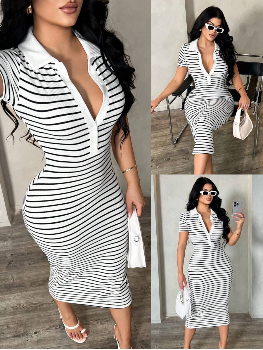SHEIN SXY Women's Summer Casual Elegant Business Commuting Style Black & White Striped Polo Shirt Dress, Knit Stretchy Fitted Midi Dress, French Chic Dress Black And White Striped Dress Stripe Midi Dress Bodycon Midi Dress Striped Bodycon Dress Womens Summer Dress Collared Striped Dress