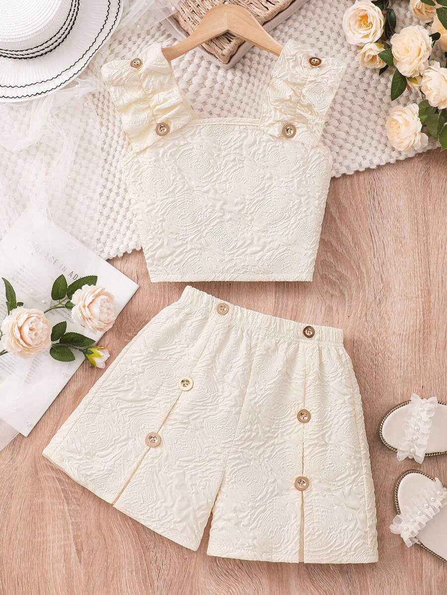 SHEIN Conjunto de 2 piezas para niñas preadolescentes: Top de tirantes con textura y borde de volantes + pantalones cortos