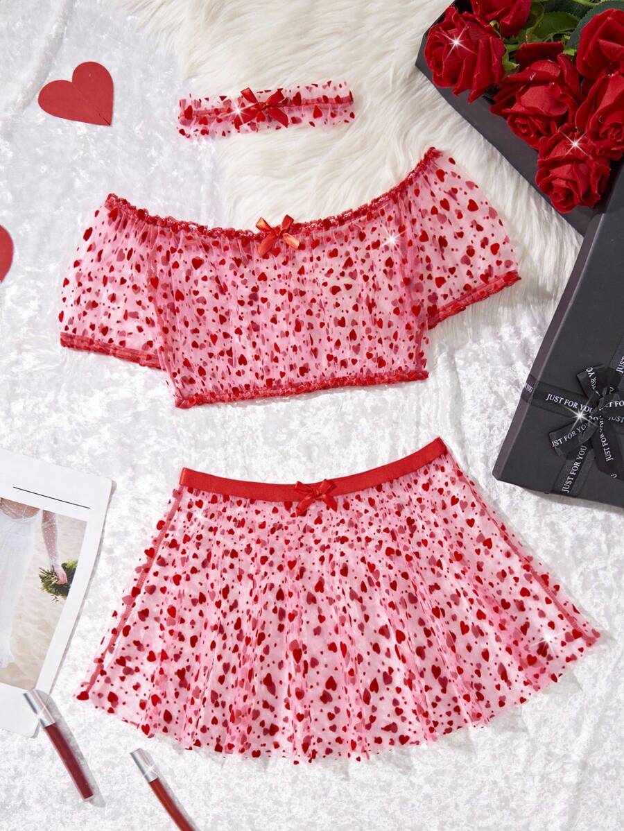 SHEIN 3pcs Women Sexy Mesh Heart Bow Shoulder Top And Bubble Skirt Lingerie Set