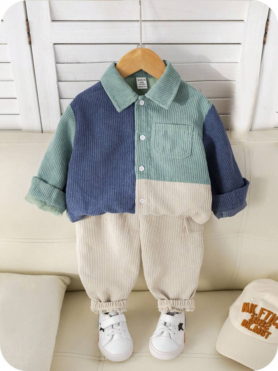 SHEIN Baby Boy Corduroy Patchwork Jacket And Elastic Waist Long Pants Set, Cute Autumn/Winter Outfit