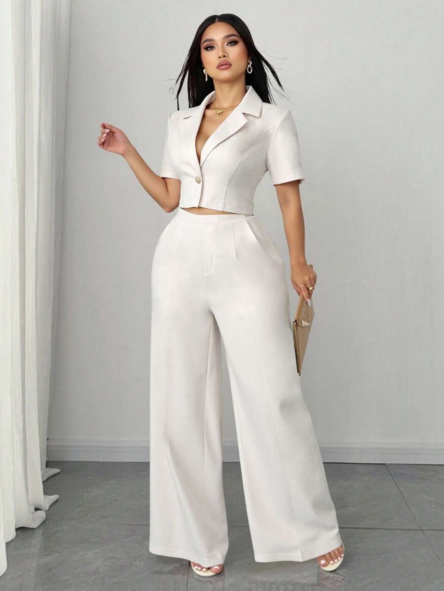 Elenzga Set de 2 piezas Blazer y pantalón ancho de pierna ancha de negocio casual elegante para mujer de talla grande