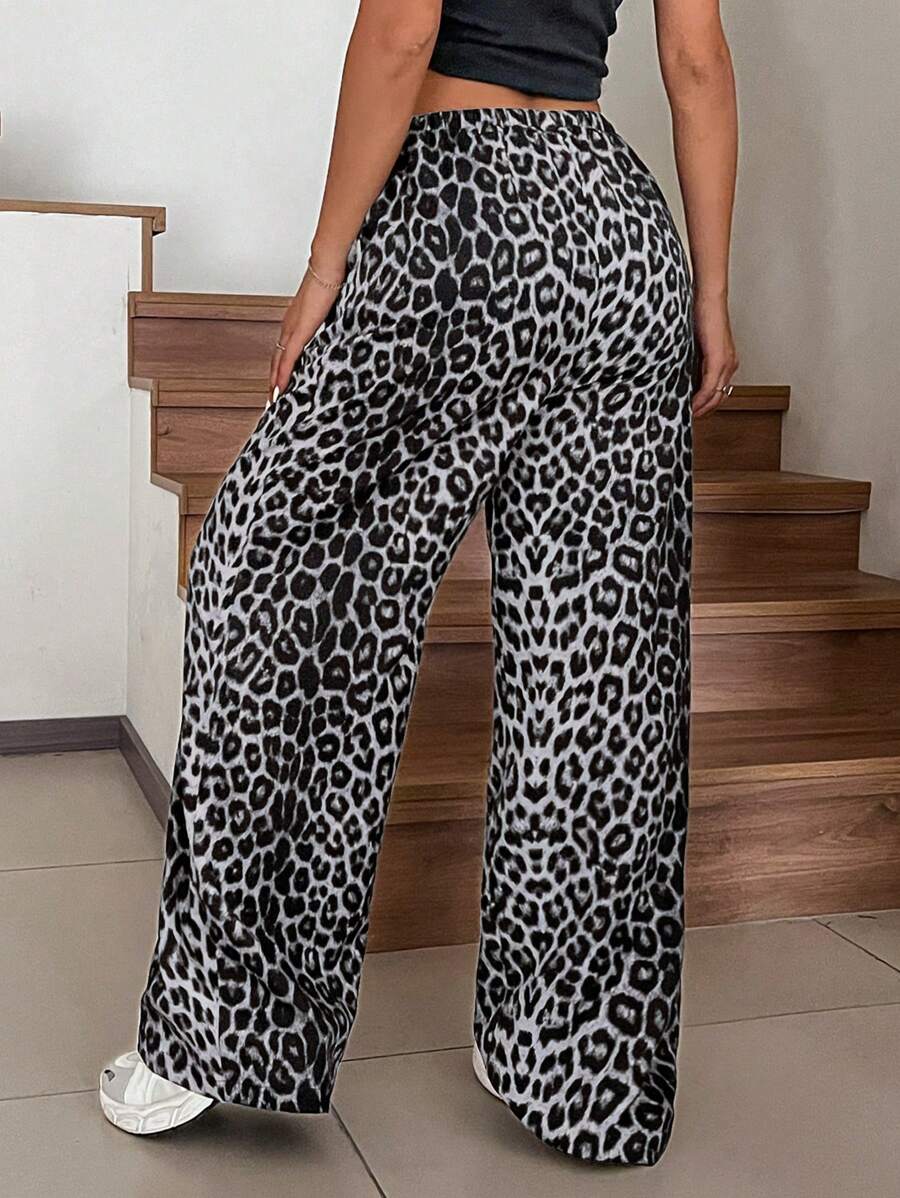 SHEIN EZwear Plus Size Women Casual Full Length Leopard Print Straight Leg Pants
