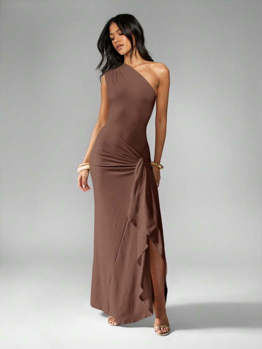MISSGUIDED Vestido largo de fiesta de un solo hombro con drapeado, cintura fruncida y abertura lateral para ocasiones formales, bodas, fiestas, dama de honor y eventos especiales