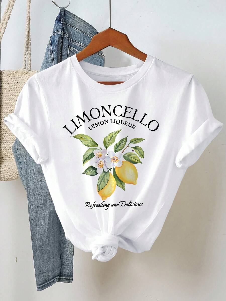 INAWLY Women's Summer Letter Fruit Printed Round Neck Short Sleeve Casual T-Shirt LIMONCELLO LEMON LIQUEUR Refreshing And Delicious Graphic Tees Women Tops
