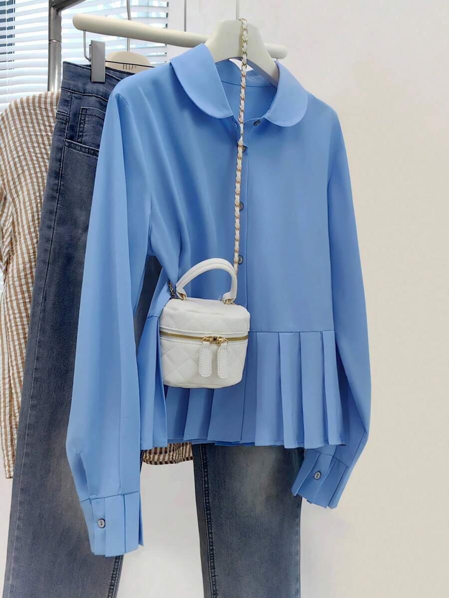 Nueva blusa de mujer con cuello con volantes, estilo francés, de manga larga y plisada