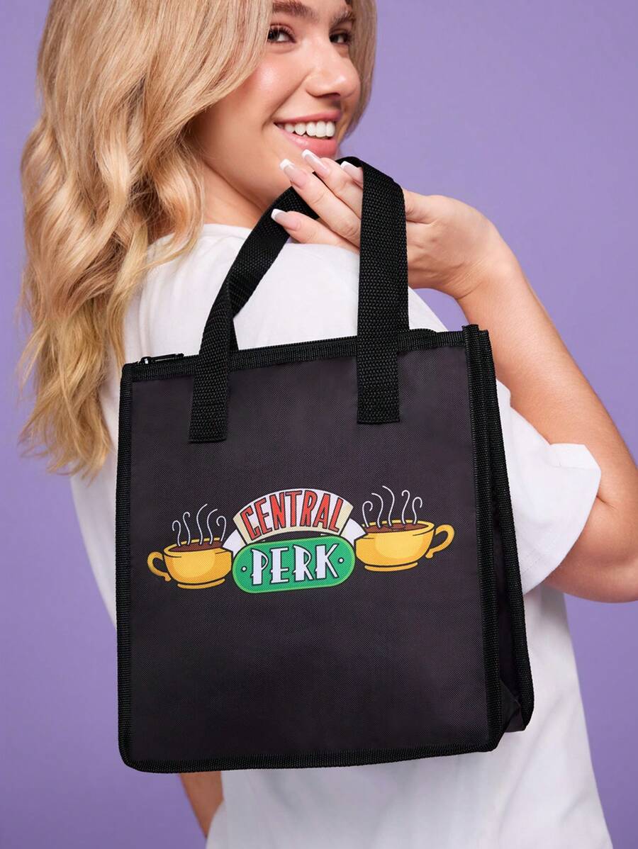 FRIENDS X SHEIN Bolsa de almuerzo aislada con estampado de taza de café, mantiene los alimentos calientes o fríos, bolsa de picnic, gran capacidad, puede contener cajas de almuerzo y bebidas, adecuada para picnics, camping, viajes, uso doméstico, adecuada para familias, niños y estudiantes, amigos, Central Perk