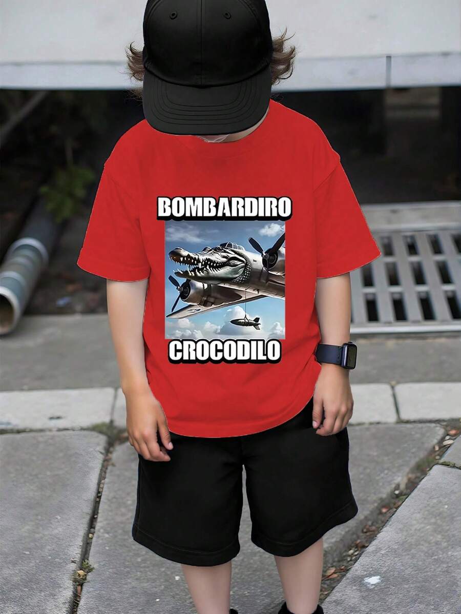 Tween Boy Casual Fashion Comfy Minimalist Letter, Airplane And Cartoon Crocodile Print Basic Crew Neck Short Sleeve T-Shirt, Summer Tween Boy Top Summer Holiday