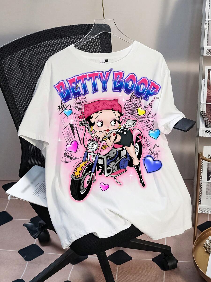 Betty Boop x SHEIN Summer Outfits Cute Rave Concert Vacation Beach Casual Boho Sexy Elegant Retro Gyaru Y2K Cool White Plus Size Casual Cartoon Portrait Motorcycle Heart Pattern Drop Shoulder Short Sleeve Loose T-Shirt,