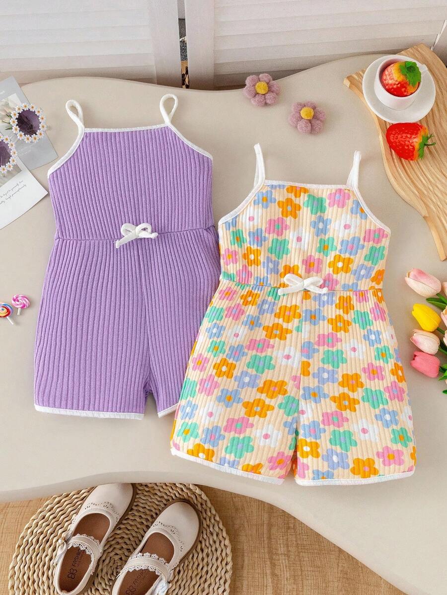 2pcs/Set Girl Toddler Colorful Floral Full Print + Solid Color Comfy Casual Romper, Suitable For Summer