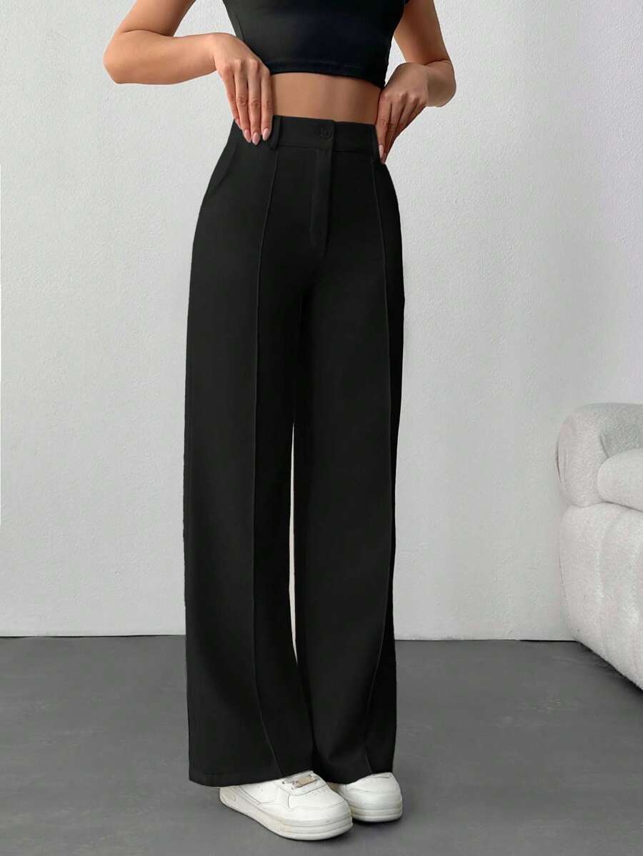 SHEIN Pantalones de pierna ancha con talle alto y diseño entallado, con detalle de costura frontal, diseño acampanado hasta el suelo, colección minimalista moderna, estilo profesional elegante, con pinza central planchada, pantalones para ocasiones formales