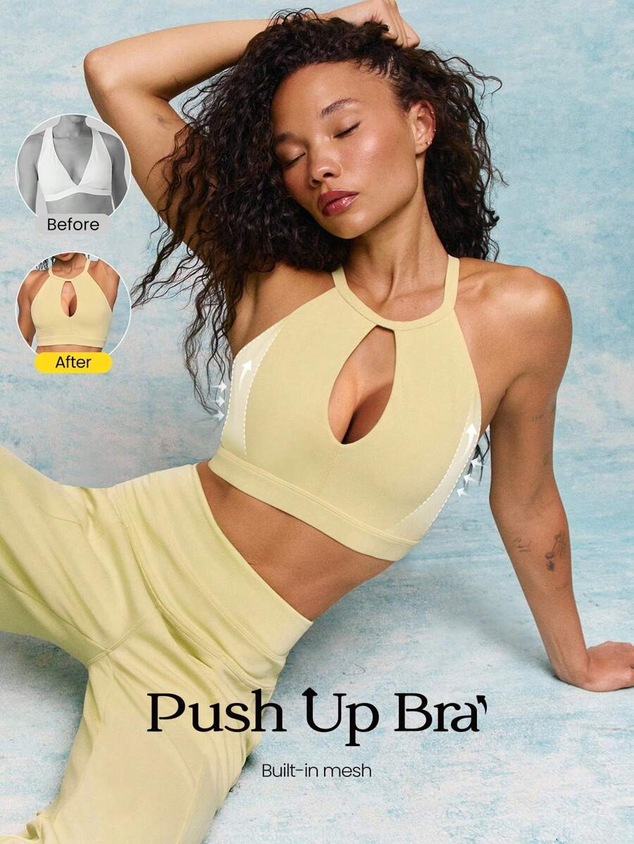 GLOWMODE FeatherFit™ More Glow Buttery-Soft Stretchy Sweat-Wicking Push-Up Removable Cups Keyhole Mesh Straps Halter Sports Bra Low Impact Yoga Pilates Barre Studio Daily Casual Wear