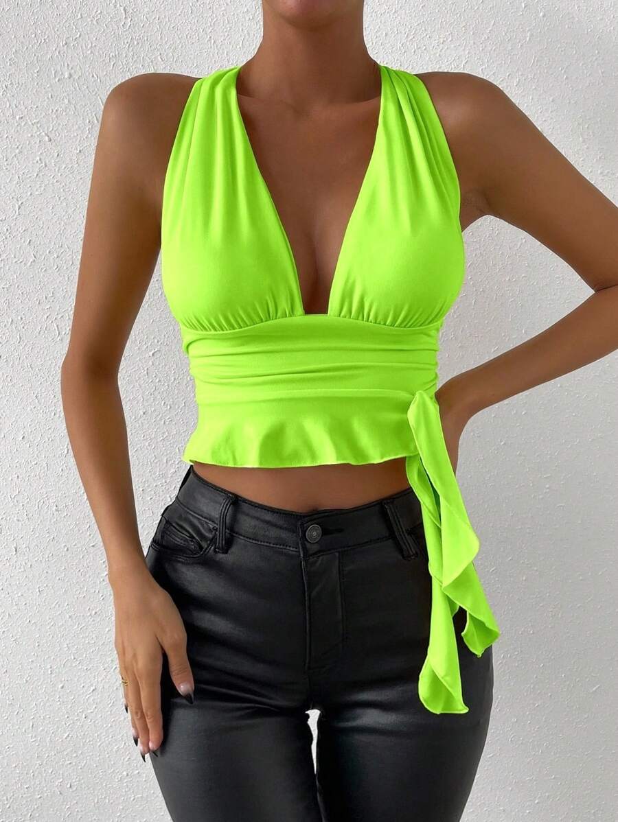 Allurite Blusa de cuello de halter recortada ajustada con efecto arrugado en color verde fluorescente sólido, para el verano y el estilo vacacional de la mujer