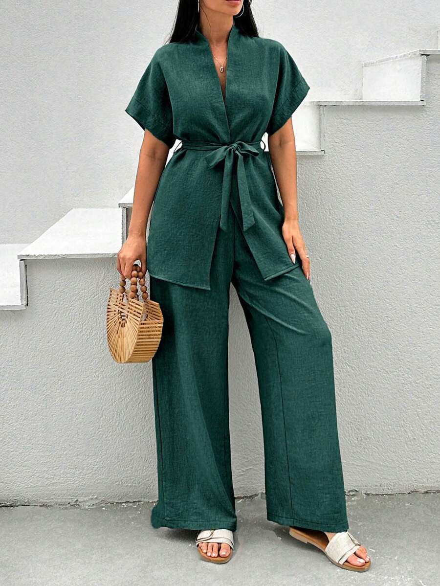 Conjunto informal de 2 piezas para mujer de pantalón y blusa de manga de murciélago con lazo frontal en unicolor para el verano