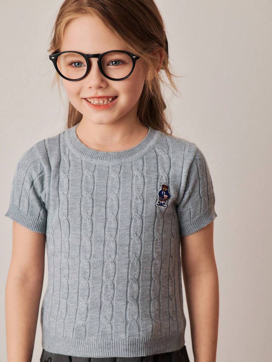 PrepCrw Young Girls' College Style Twist Flower Knitted Bear Graphic Short Sleeve Pullover Sweater
