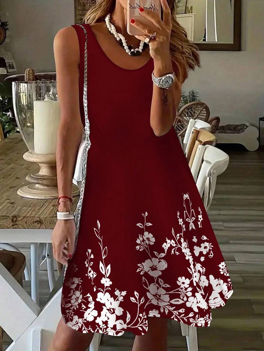 SHEIN LUNE Abito casual comodo con stampa floreale bordeaux di taglia grande